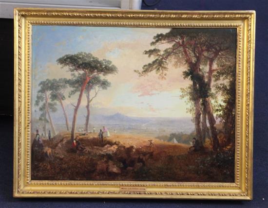 James Baker Pyne (1800-1870) Extensive landscape with figures beneath pine trees in the foreground 15.25 x 20in.